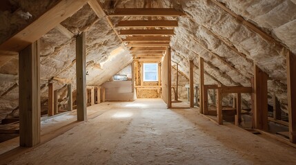 Exploring an Unfinished Attic Space with Exposed Beams and Insulation