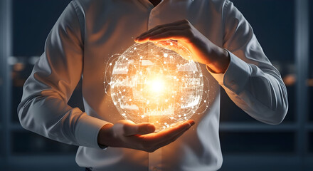 Person holding glowing data sphere, representing global network connections and innovation