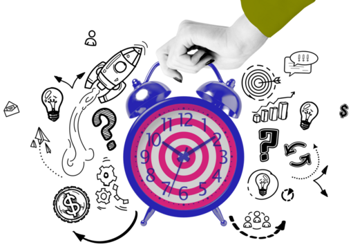 Alarm clock with target pattern held by hand, surrounded by creative and business doodles, isolated on white background, concept of time management