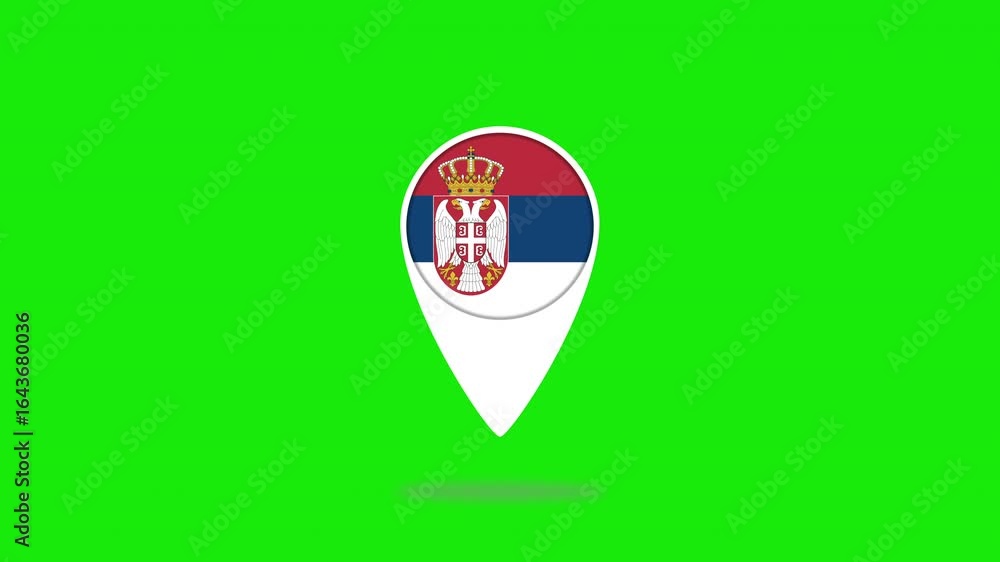 Poster serbian flag bouncing inside location pin icon on green screen