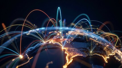 Abstract representation of global connectivity and data flow with luminous light trails encircling a stylized planet