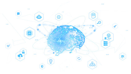 Blue digital brain with neural links surrounded by AI and tech icons, futuristic style, isolated on white background, concept of artificial intelligence