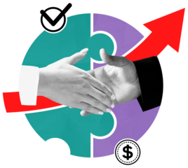 Two hands shaking in front of puzzle pieces, red arrow, check mark and dollar symbol, collage style on white background, concept of successful business deal