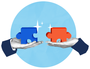 Two hands presenting blue and red puzzle pieces, minimalist graphic style, on white background with blue circle. Concept of teamwork and collaboration