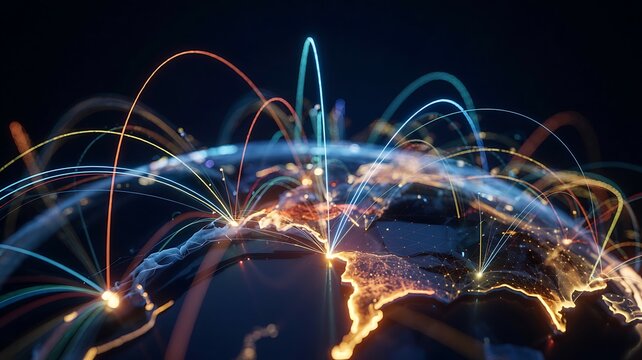 Abstract representation of global connectivity and data flow with luminous light trails encircling a stylized planet - Powered by Adobe