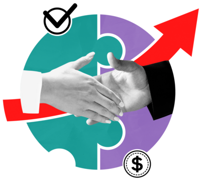 Two hands shaking in front of puzzle pieces, red arrow, check mark and dollar symbol, collage style on white background, concept of successful business deal
