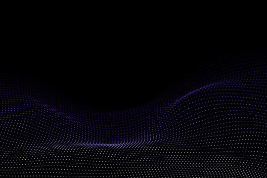  White blue dotted wave – glowing gradient pattern, smooth particle flow on black digital background.  Dots display a gradient, transitioning from white to blue hues, creating a sense of depth.