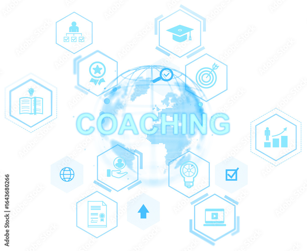 Aufkleber light blue coaching concept icons with global map and hexagonal symbols representing skills, educati