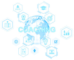 Light blue coaching concept icons with global map and hexagonal symbols representing skills, education, and training on white background