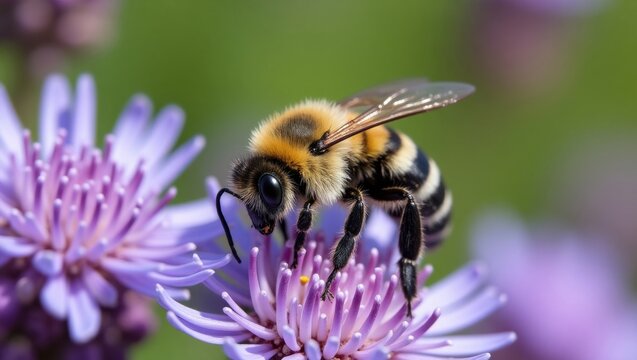 Close up of a fuzzy bumblebee collecting nectar from a purple flower