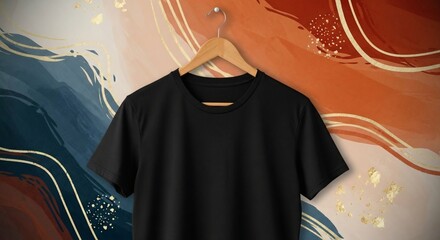 Blank black t-shirt mockup hanging on a hanger with an abstract painted background