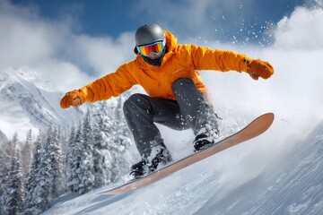 Snowboarder carving down snowy mountain slope on sunny day