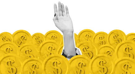 Human hand raised among yellow dollar coins, collage graphic style, isolated on white background....