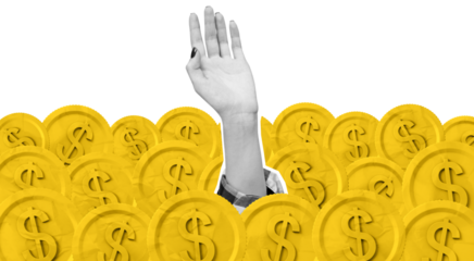 Human hand raised among yellow dollar coins, collage graphic style, isolated on white background. Concept of financial struggle, debt or money issues