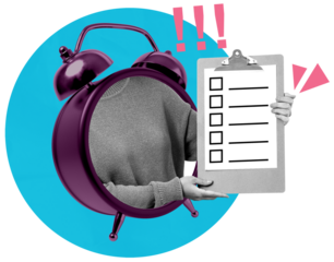 Person shown through alarm clock holding checklist clipboard, collage art style, on white background with blue circle and pink symbols, concept of time tasks