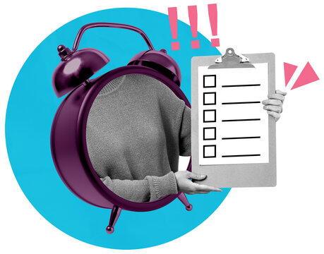Person shown through alarm clock holding checklist clipboard, collage art style, on white background with blue circle and pink symbols, concept of time tasks