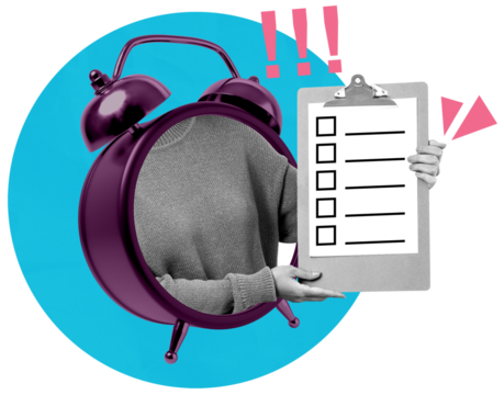 Person shown through alarm clock holding checklist clipboard, collage art style, on white background with blue circle and pink symbols, concept of time tasks