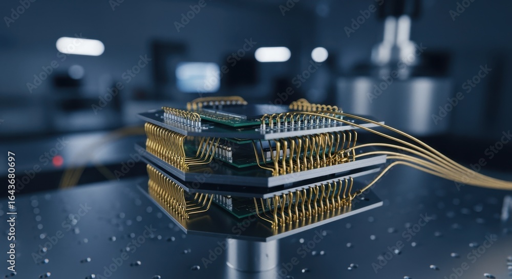 Aufkleber detailed view of multilayered qubitchip packaging with gold bonding wires and tiny superconducting c