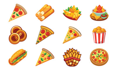 Colorful Cartoon Fast Food Icons Set Featuring Pizza Slices, Fries, Nachos, Tacos, Snacks, and Popcorn for Menu, Restaurant, and Food Delivery Design