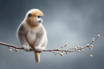 Pensive baby golden snub nosed monkey perched on delicate branch. This lonely wildlife animal sits isolated against grey sky, graceful and thoughtful young primate