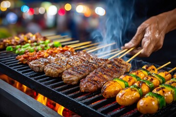Street food vendor grilling meat and vegetable skewers at night market