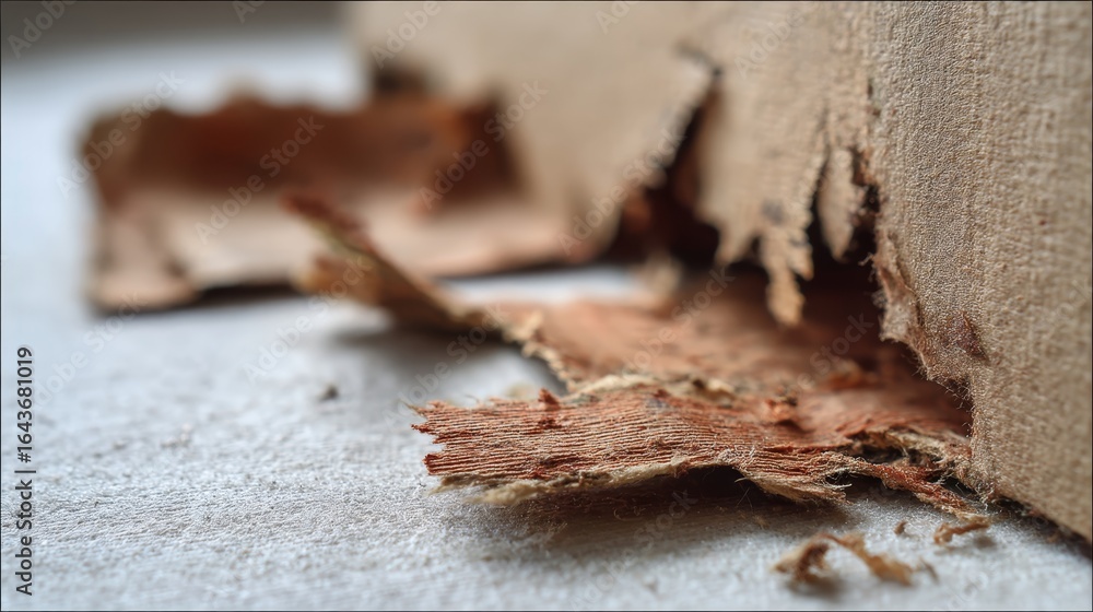 Poster macro shot of torn ivory paper edges revealing textured kraft layer beneath with empty space on the 