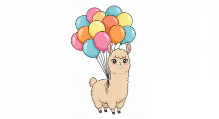 Obraz premium Llama floating with balloons illustration