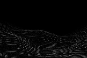 White grey dotted wave – minimal glowing particle gradient, smooth technology wave on black...