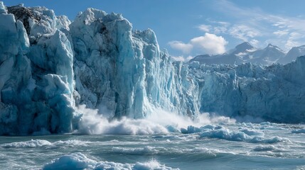 Majestic blue iceberg calving into serene waters under a clear sky.