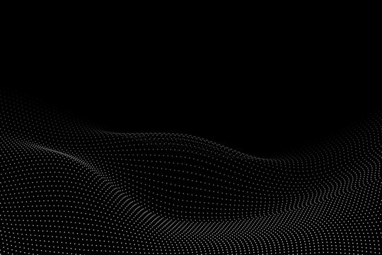 White grey dotted wave – minimal glowing particle gradient, smooth technology wave on black background. The arrangement of the dots forms a smooth, gradient effect.