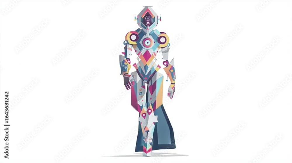 Poster futuristic geometric robot character walking on white background, abstract design with colorful patt