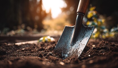 Close-up of a shovel partially buried in fertile, organic soil surrounded by gardening tools, showing soil preparation for planting or cultivation in a natural, sunny setting.