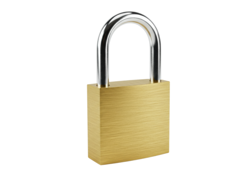 A sturdy new brass padlock with a rectangular body, brushed finish, and a shiny silver shackle, closed on a transparent studio background, concept of robust security and privacy