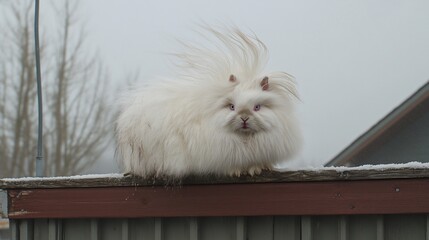 Obraz premium Fluffy white rabbit on a fence in winter