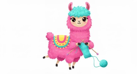 Fototapeta premium Pink llama knitting illustration