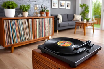 Modern turntable playing vinyl record in cozy living room setting