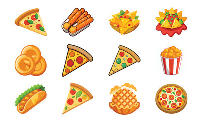 Colorful Cartoon Fast Food Icons Set Featuring Pizza Slices, Fries, Nachos, Tacos, Snacks, and Popcorn for Menu, Restaurant, and Food Delivery Design