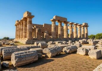 Obraz premium Ancient greek temple ruins with columns and fallen stones under a blue sky