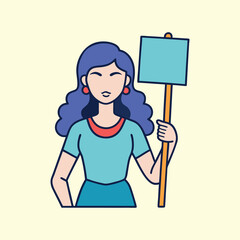 Cartoon woman holding protest sign in a flat design graphic illustration
