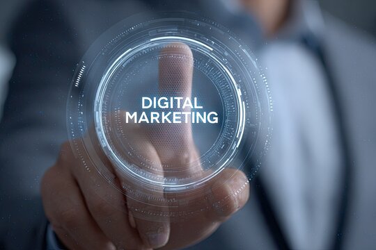 Businessman's finger touching a digital interface displaying "DIGITAL MARKETING