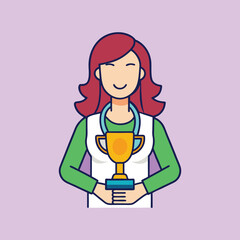 Smiling red haired woman holding a golden trophy with a medal around neck