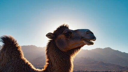 Camel enjoying sunlight in mountain desert landscape