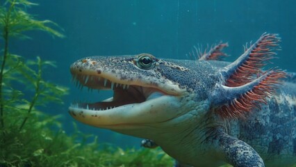 Chinese giant salamander opening its mouth underwater near green plants