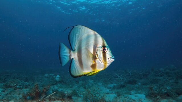 Orbicular batfish swimming over coral reef in blue ocean