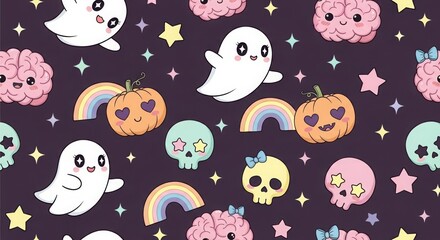Seamless halloween pattern with cute ghost, skull, brain and pumpkin