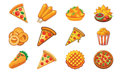 Colorful Cartoon Fast Food Icons Set Featuring Pizza Slices, Fries, Nachos, Tacos, Snacks, and Popcorn for Menu, Restaurant, and Food Delivery Design