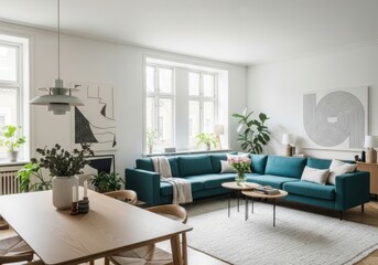 Modern living room with a teal sectional sofa, coffee tables, and dining area