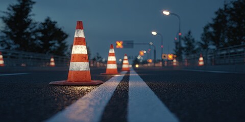 Dusk road scene with illuminated traffic cones lining a divided highway, suggesting roadwork or closure