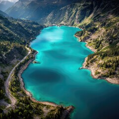 Aerial view of a vibrant turquoise lake nestled in a mountainous valley, with a winding road along its shore