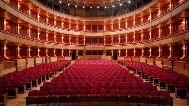 Grand ornate opera house interior with rows of plush red velvet seats and illuminated balconies creating an elegant atmosphere